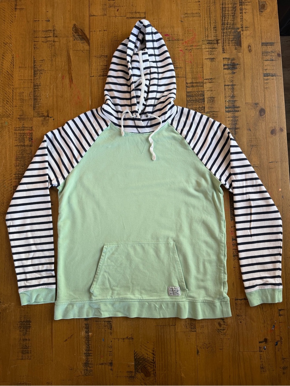 Women’s Orvis Mint Green Hoodie with Black-and-White Striped Sleeves